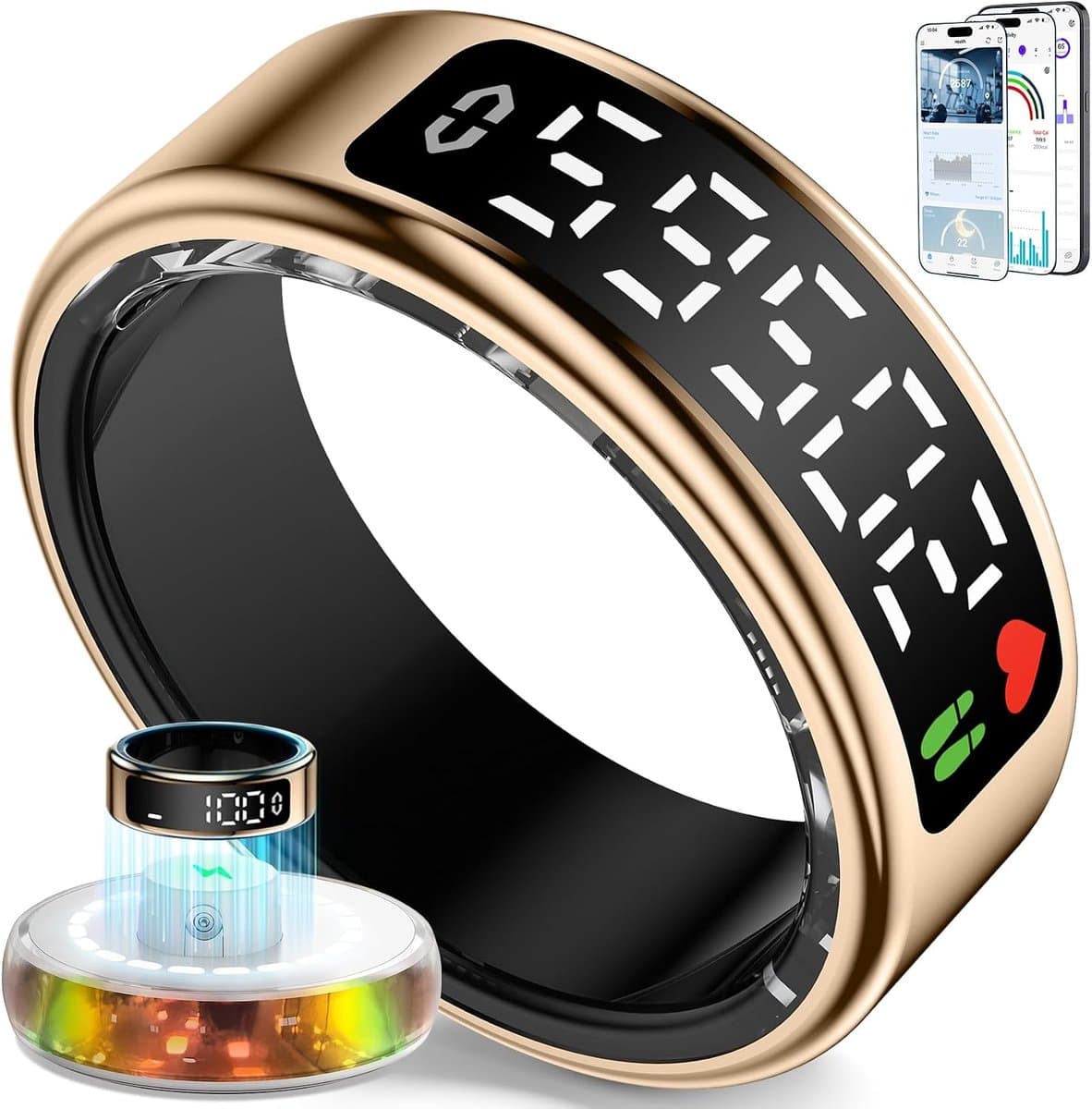 Ring voor Mannen en Vrouwen, 2026 Smart Ring met LED Scherm, IP68 waterdicht, Fitness Tracker voor het monitoren van de pulsmeter/SpO2/HRV, compatibel met iOS en Android (Roségoud, 13)