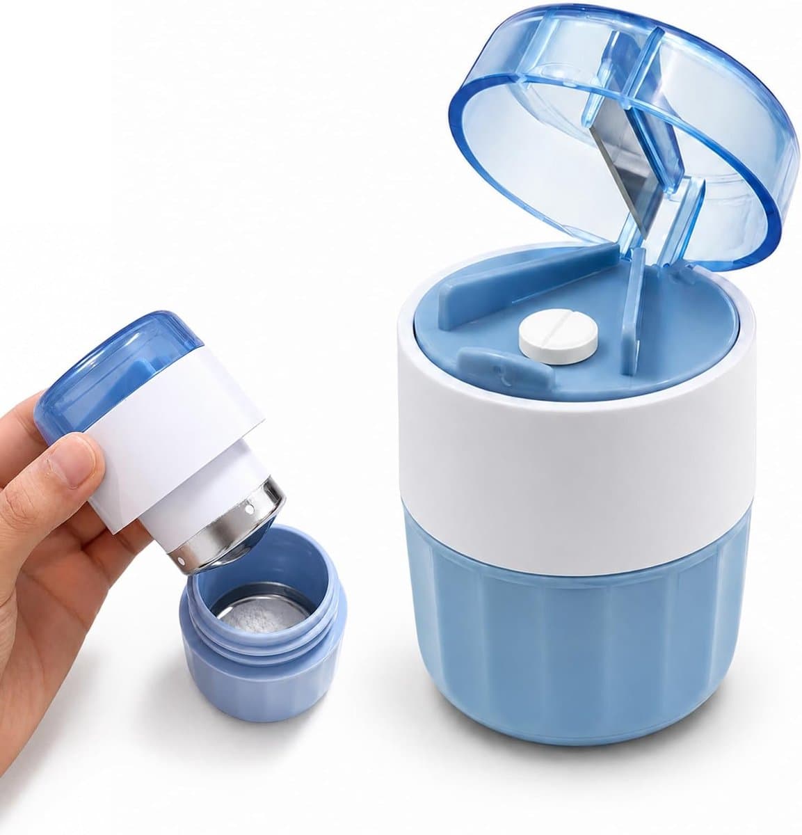 Tablettenvergruizer blauw - roestvrij staal - handmatig - ideaal voor slikproblemen - ShopVlot