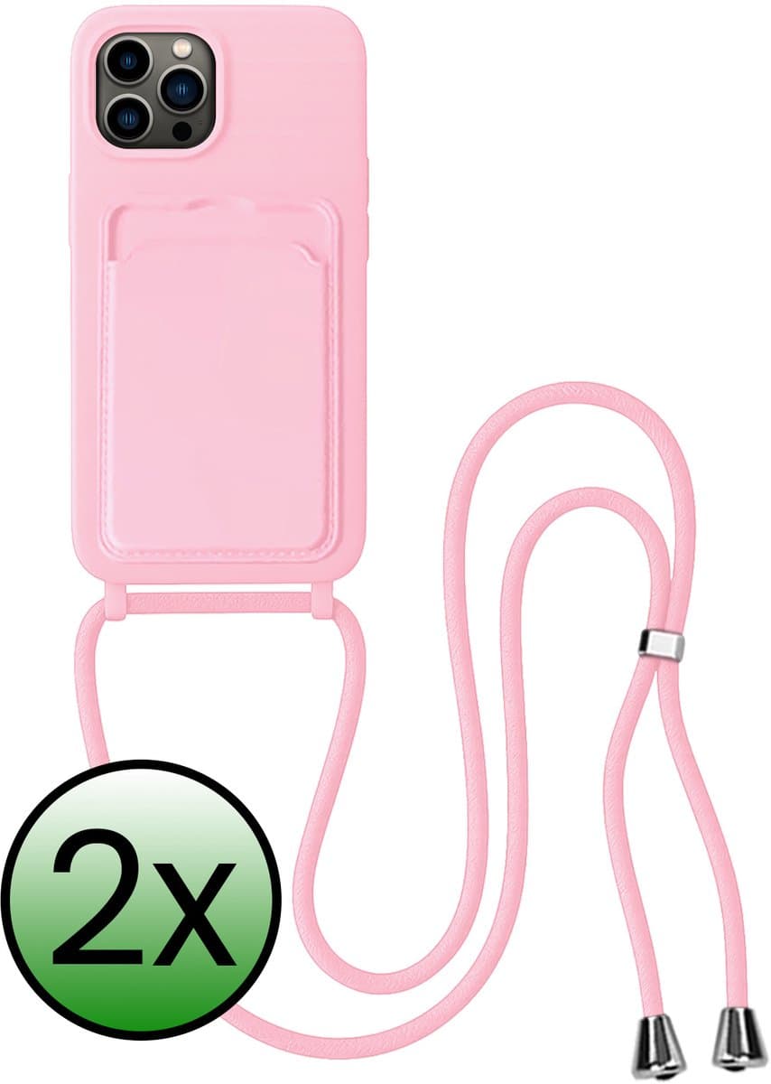 Hoes Geschikt voor iPhone 14 Pro Hoesje Pas Houder Case Hoes Met Koord - Hoesje Geschikt voor iPhone 14 Pro Hoes Met Telefoonkoord Pasjeshouder Cover - Lichtroze - 2 Stuks