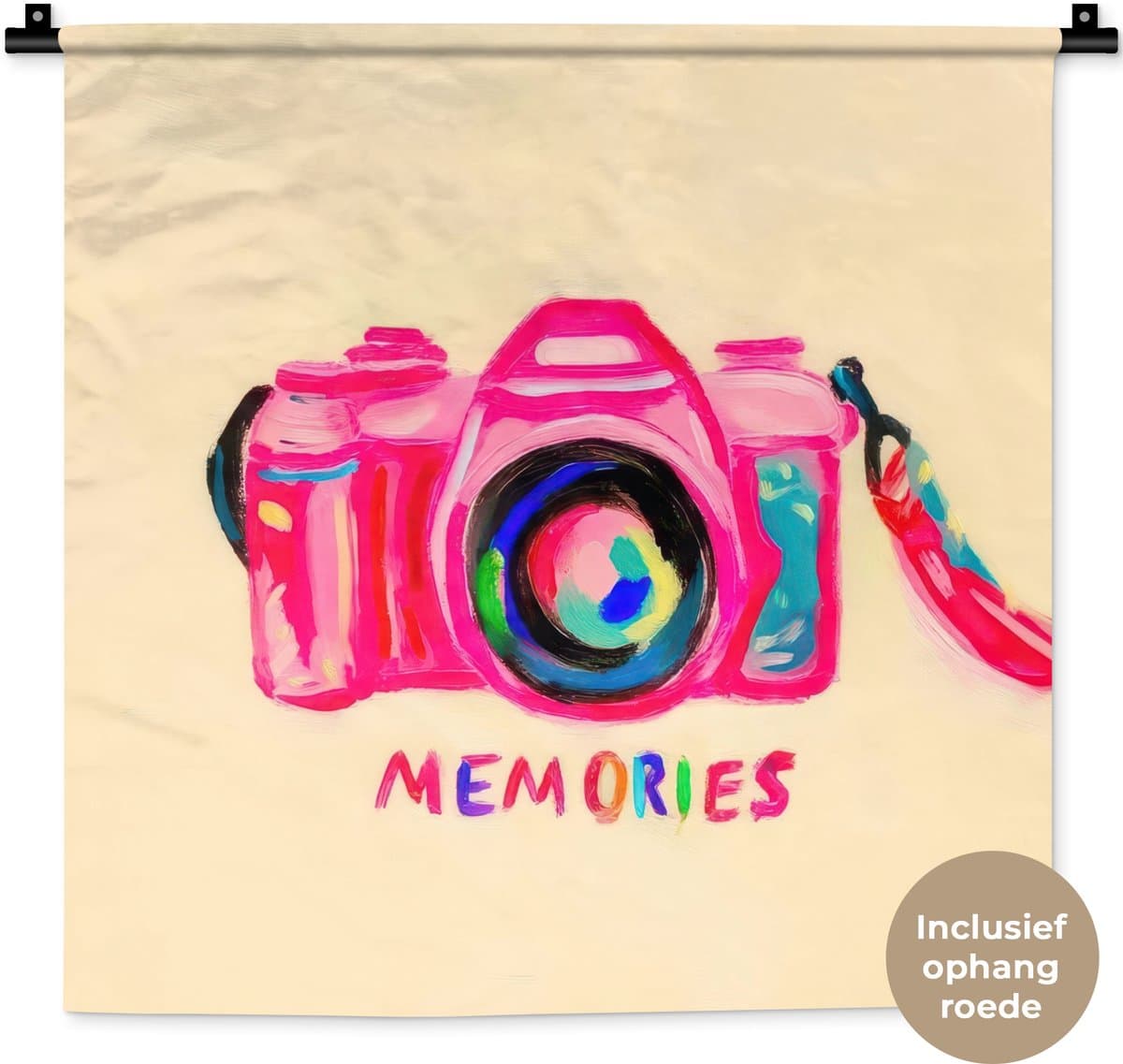 Wandkleed 60x60 cm - Wanddoek Camera - Memories - Roze - Geschilderd - Wandtapijt - Wandkleden