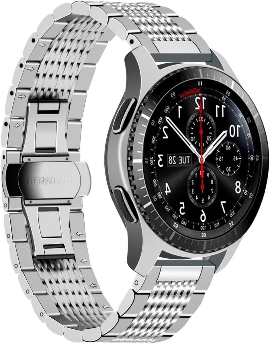 22mm sportband voor Galaxy Watch 46mm en Watch 3 45mm - Roestvrijstalen mesh band met vlindergesp - Zwart en zilver - Compatibel met verschillende modellen