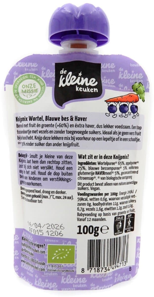 de Kleine Keuken Bio Knijpmix 12+m Wortel Blauwe bes Haver - 6 x 100 gr - Voordeelverpakking