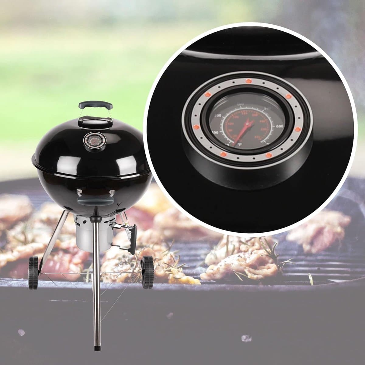 Premium Ronde Houtskool Barbecue met Deksel & Wielen – Draagbare Outdoor Grill met Thermometer, Ventilatie & Aslade – Grill Ø 53,5 cm – 68,4 x 64 x 100 cm