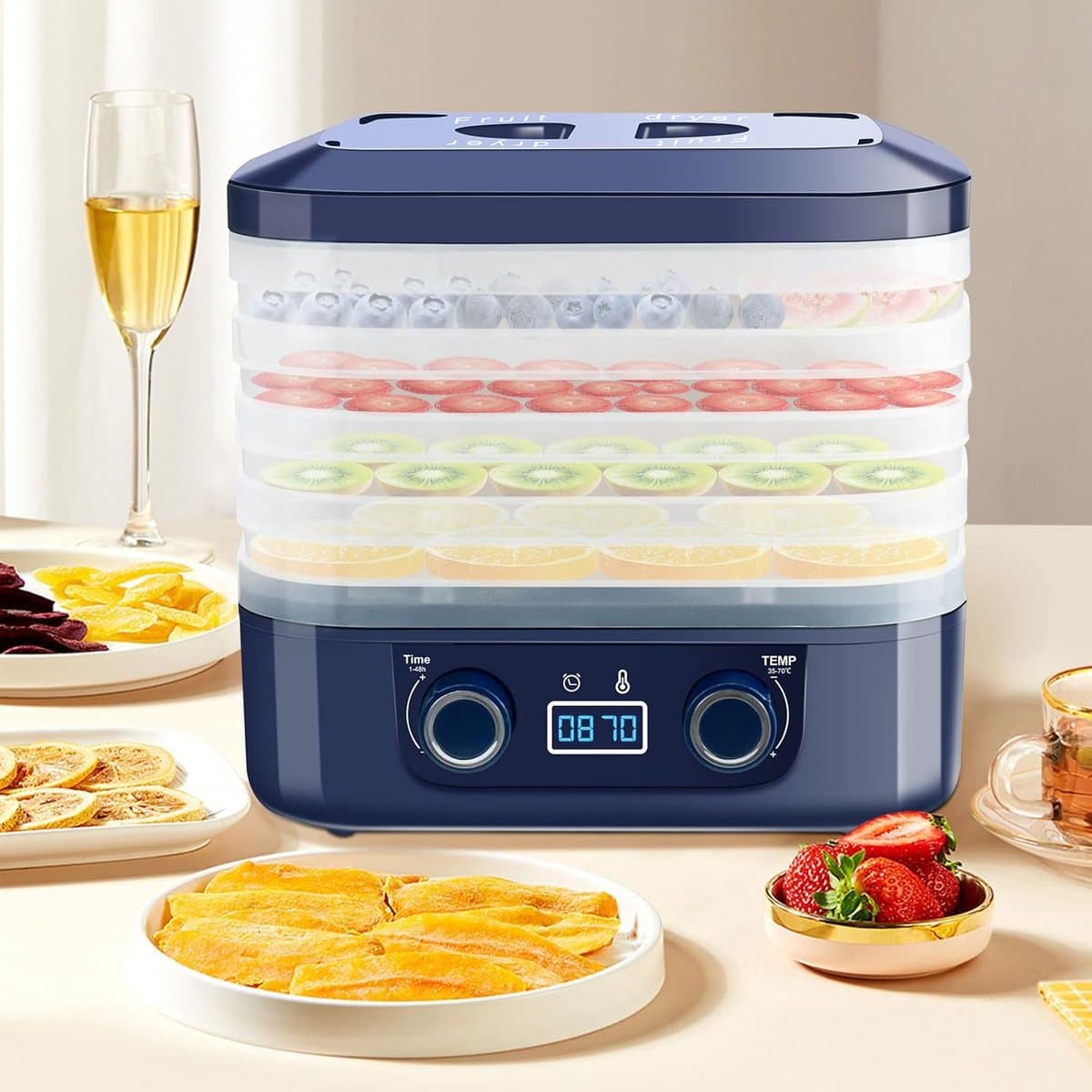 5-Tier Dryer, Food Dehydrator, Dryer with Temperature Controller from 35~70°C and Timer, Food Dryer, Fruit Dryer for Meat, Vegetables and