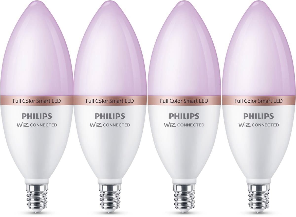 Philips Smart Lighting - LED lamp - Gekleurd en instelbaar wit licht - RGB - Dimbaar - 4 pack - E14 fitting - Kaarslamp: C37 - 40W - Werkt met de WiZ app - Wifi