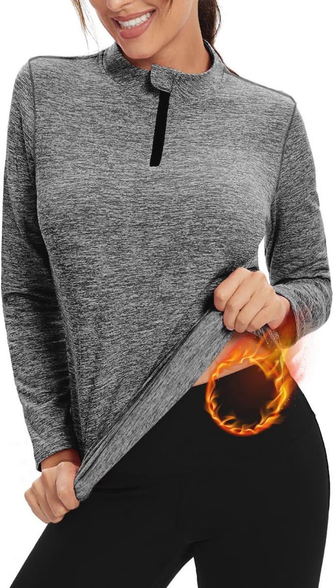 Dames fleece loopshirt met lange mouwen en 1/4 ritssluiting - Thermo-ademend sportshirt voor fitness en winter