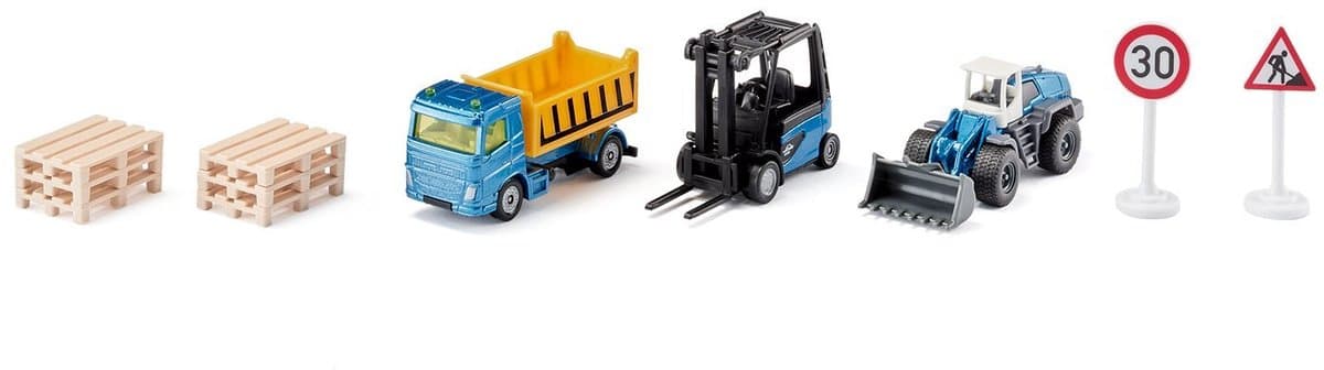 Siku bouwplaats cadeauset - vrachtwagen, heftruck, wielenlader, 6 paletten, 2 verkeersborden, multikleur, 29,6 cm