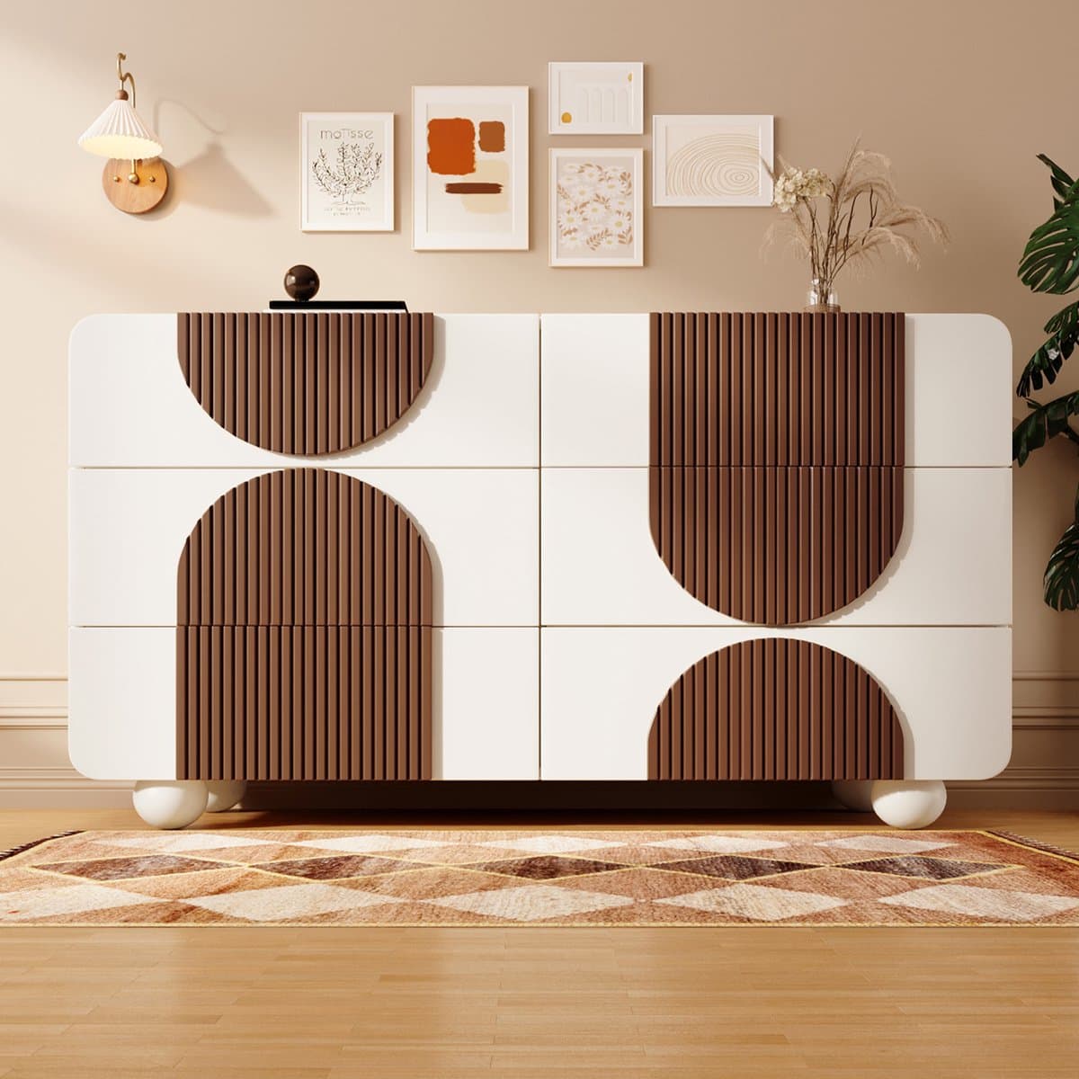 OKWISH Dressoir – AB20053536W – 6 lades – Gebogen Design Met Chocolade Houten Latten – Geruisloze Schuiflades – MDF Wit – 121x41x71 cm