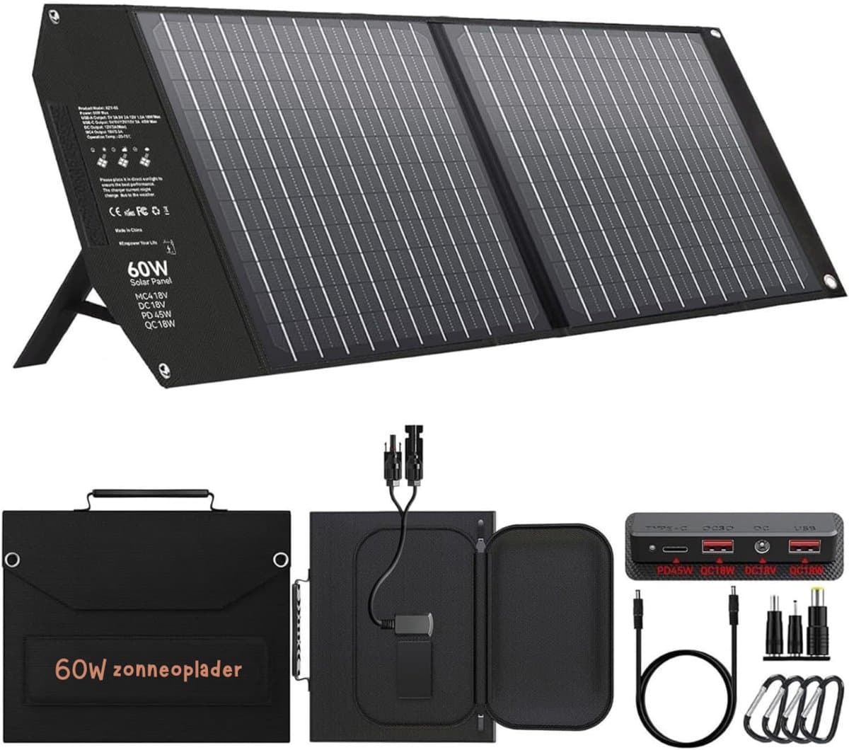 Zyrex® Zonnepaneel Opvouwbaar - Powerbank - Zonneoplader - met Standaard - Waterdicht - Zwart - 40cm x 5cm x 5cm