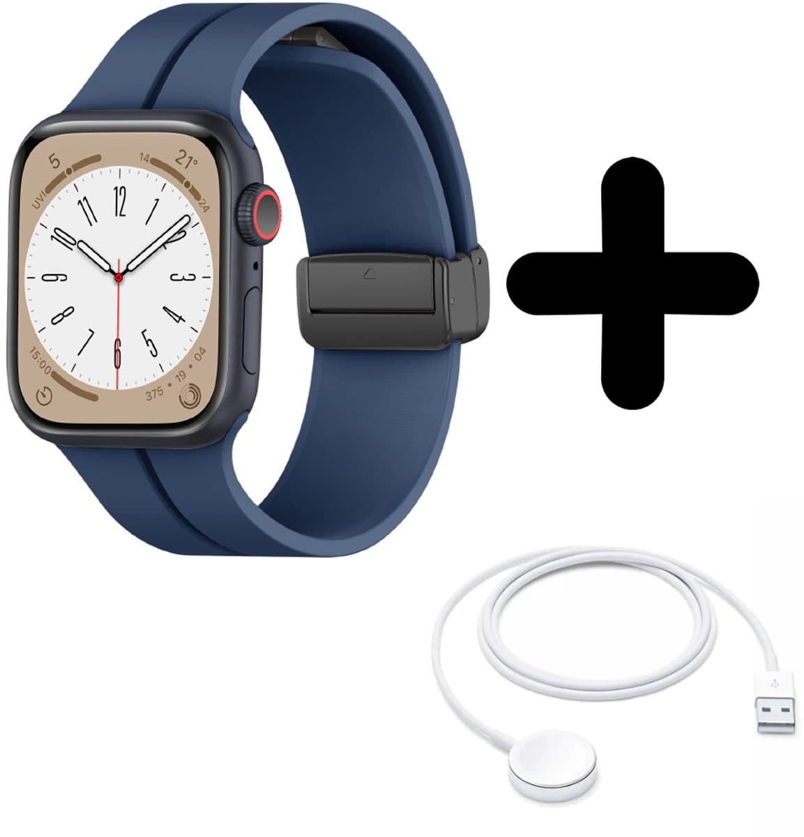 Bandje geschikt voor Geschikt voor Apple Watch bandje magnetisch D-Buckle bandje (donkerblauw) - Voor modellen: 42/44/45/49mm Incl. Oplader geschikt voor Geschikt voor Apple Watch 1/2/3/4/5/6/7/8/9/Ultra - Oplaadkabel - Kabel