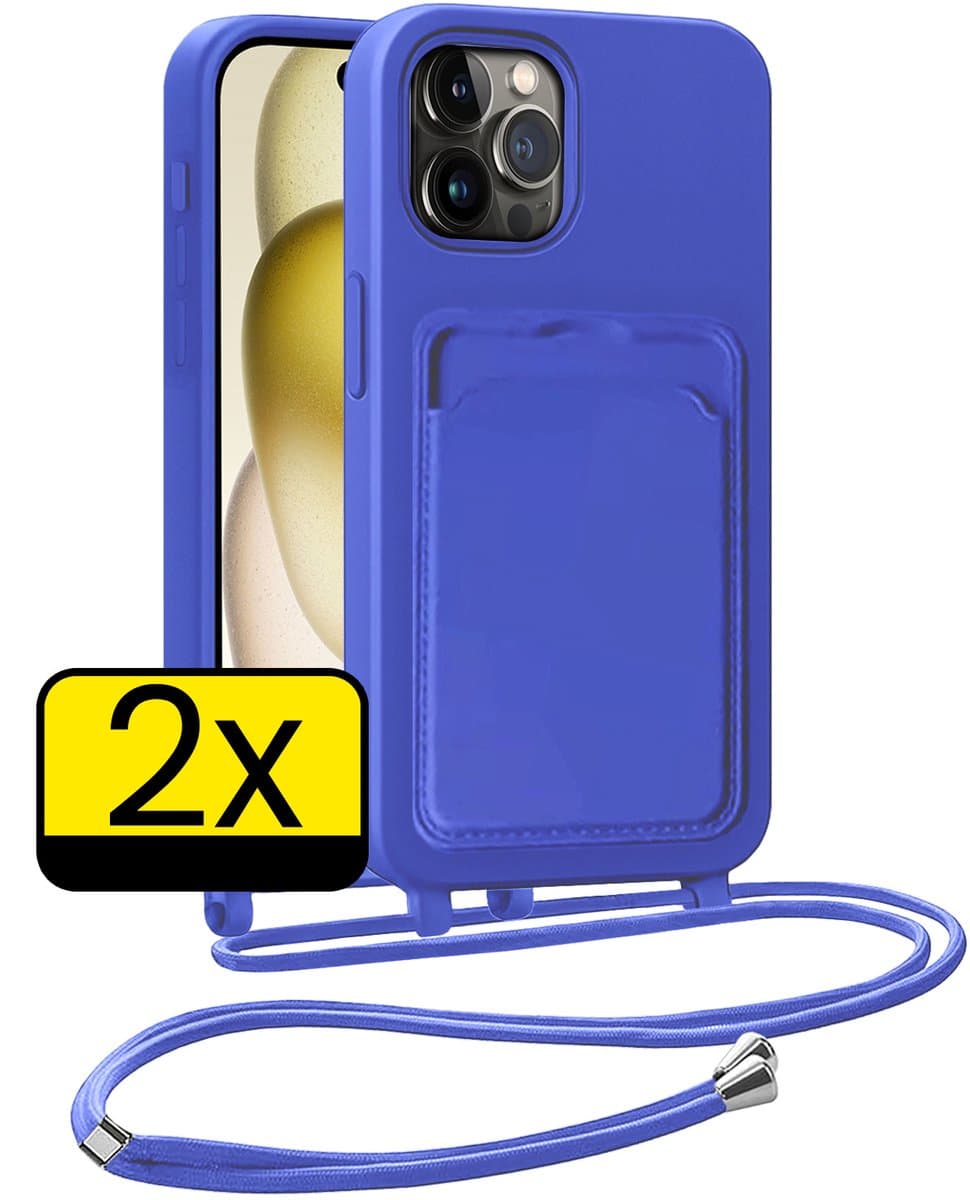 Hoesje Geschikt voor iPhone 14 Pro Telefoonhoesje Met Koord Case Pashouder Siliconen - Hoes Geschikt voor iPhone 14 Pro Hoesje Met Kaarthouder - Felblauw - 2 Stuks
