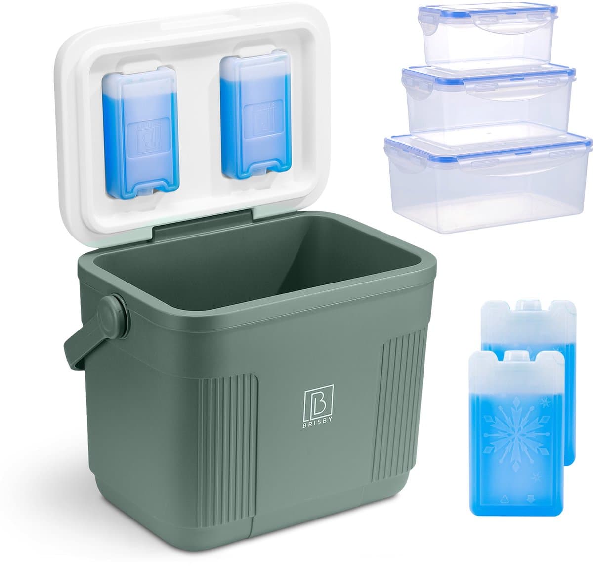 Brisby Koelbox - Frigobox - 22L - Groen - Tot maximaal 40 uur isolatie - Incl. 4 dikke koelelementen van 450ml en 3 Delige Set Vershoudbakjes - Temperatuur veilige sluiting - Met koelelementen vergrendeld in deksel