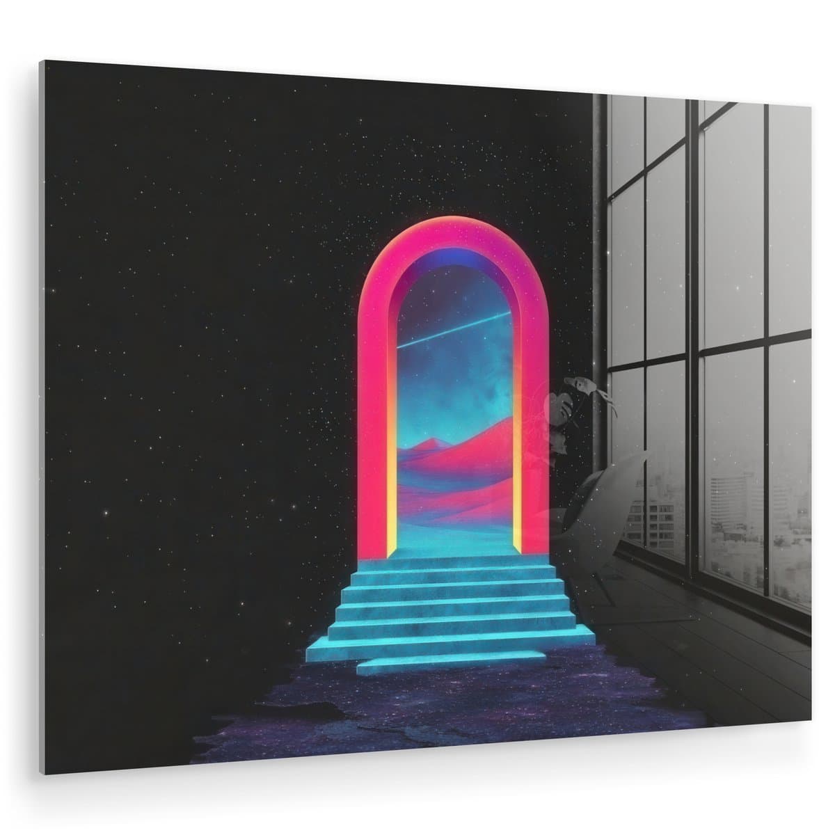 MuchoWow® Glasschilderij 160x120 cm - Schilderij acrylglas - Poortje - Landschap - Sterrenhemel - Roze - Foto op glas - Muurdecoratie woonkamer - Wanddecoratie slaapkamer - Schilderijen