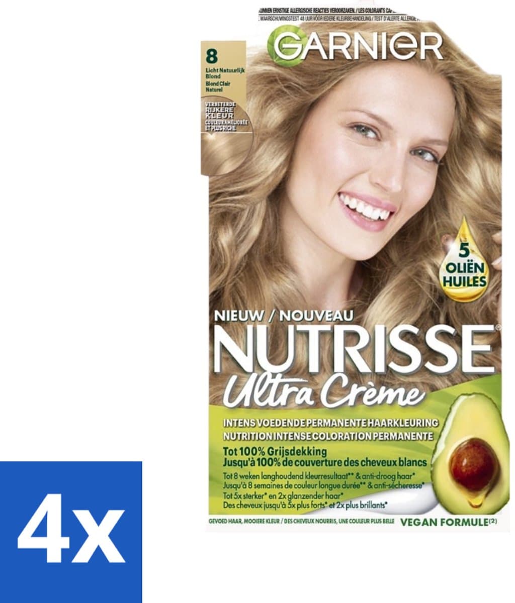 Garnier - Nutrisse Ultra Crème 8 - Haarkleuring - Lichtblond - Intens Voedend - Permanente Kleur - Voordeelverpakking - 4 stuks