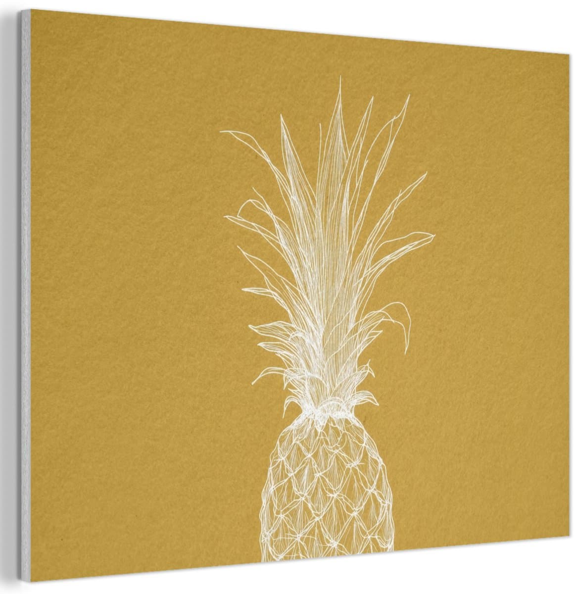 Akoestisch wandpaneel 80x60 cm - Vilt schilderij Lijnillustratie - Ananas - Bladkroon - Okergeel - Akoestische panelen - Geluidsdempende wanddecoratie - Geluidsisolatie woonkamer - Muurdecoratie geluidspanelen