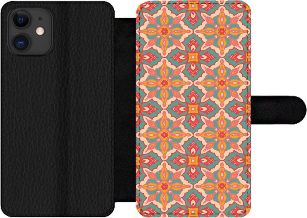 Telefoonhoesje Geschikt voor iPhone 11 telefoonhoesje - Patroon - Hippie - Oranje - Met vakjes - Wallet case met magneetsluiting