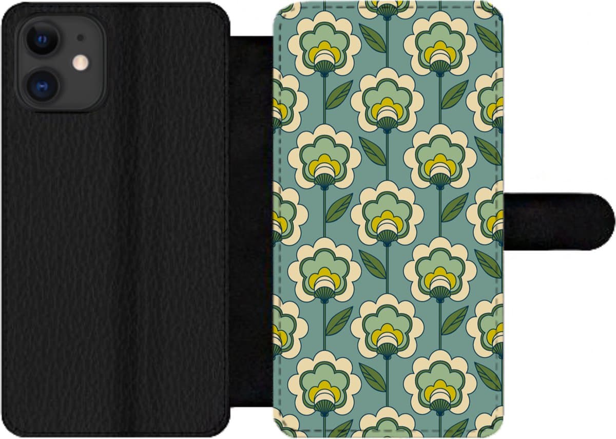 Telefoonhoesje Geschikt voor iPhone 12 Pro Max telefoonhoesje - Retro - Design - Jaren 70 - Bloem - Met vakjes - Wallet case met magneetsluiting