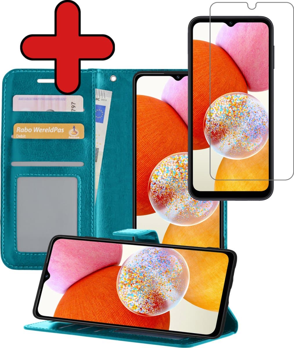 Hoesje - Met Screenprotector - Geschikt voor Samsung Galaxy A14 - Luxe Pasjeshouder - Flipcase - Bookcase Portemonee - Flip Case - Kunstleer Book Case - Book Cover - Walletcase - Portemonneehoes - Telefoonhoes - Turquoise