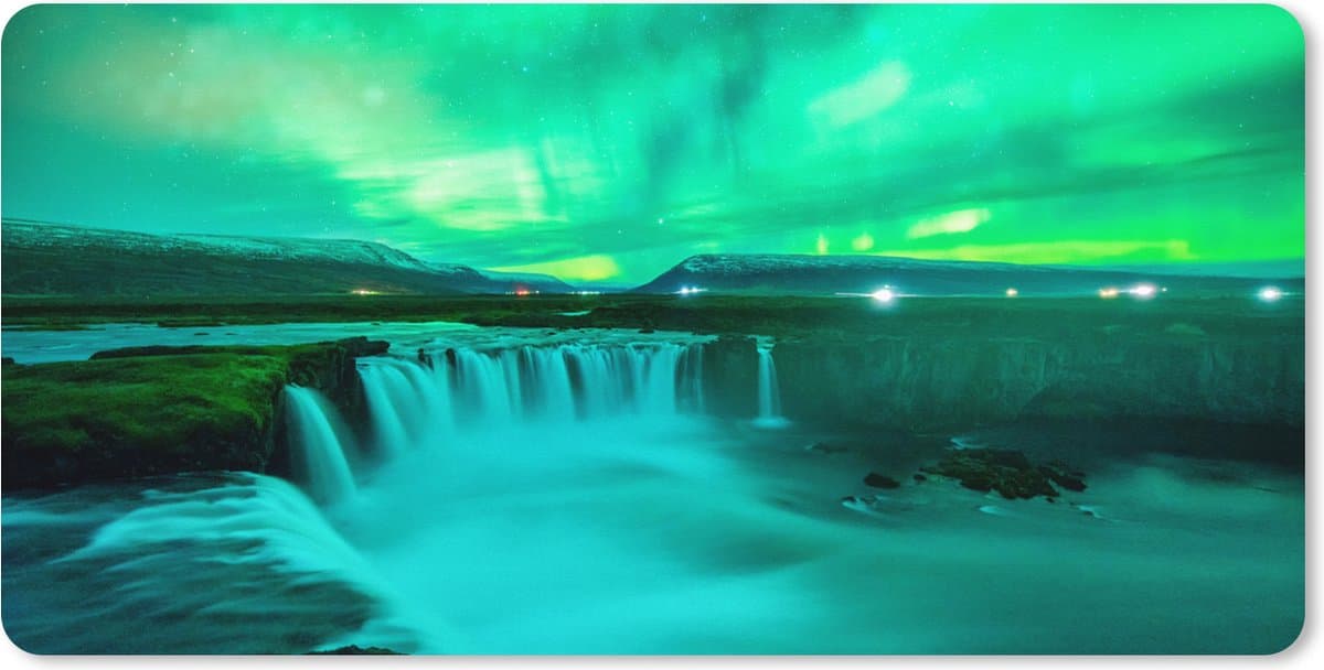 Muismat XXL 80x40 cm - Bureau onderlegger - Bureau mat Waterval - IJsland - Noorderlicht - Bureaumat - Gaming mousepad xl - Bureaulegger groot - Computer deskmat