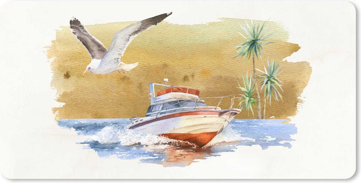 Muismat XXL 80x40 cm - Bureau onderlegger - Bureau mat Boot - Vogel - Strand - Waterverf - Bureaumat - Gaming mousepad xl - Bureaulegger groot - Computer deskmat