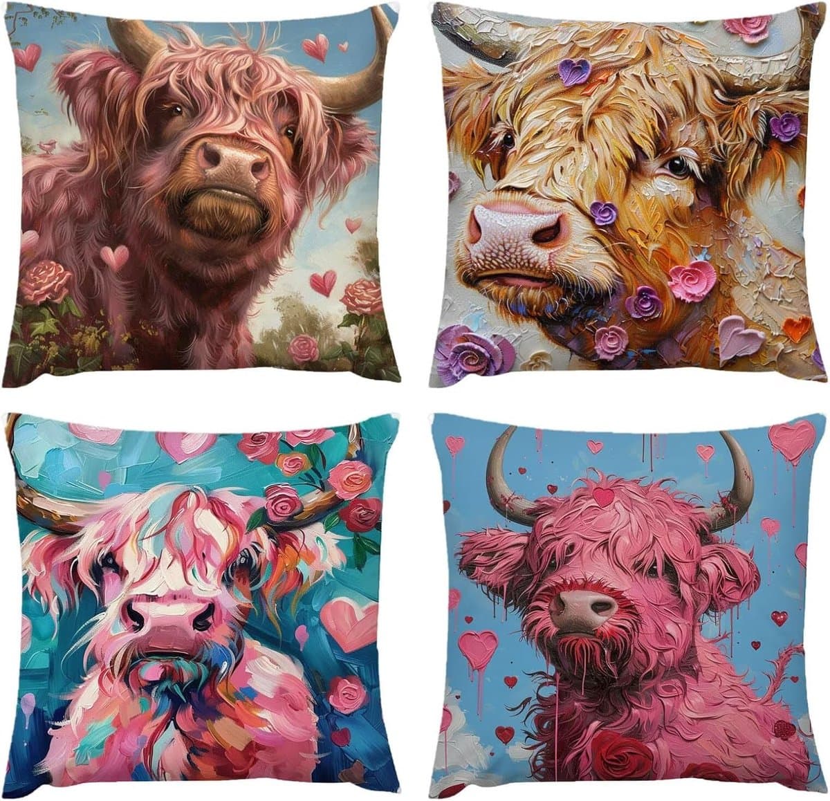 4 x outdoor kussens voor bank, hooglandvee, roze, waterdicht, 50 x 50 cm, decoratief voor slaapkamer, buiten, stoel, balkon, camping, bankkussen, 50 x 50 cm, ademend, K120