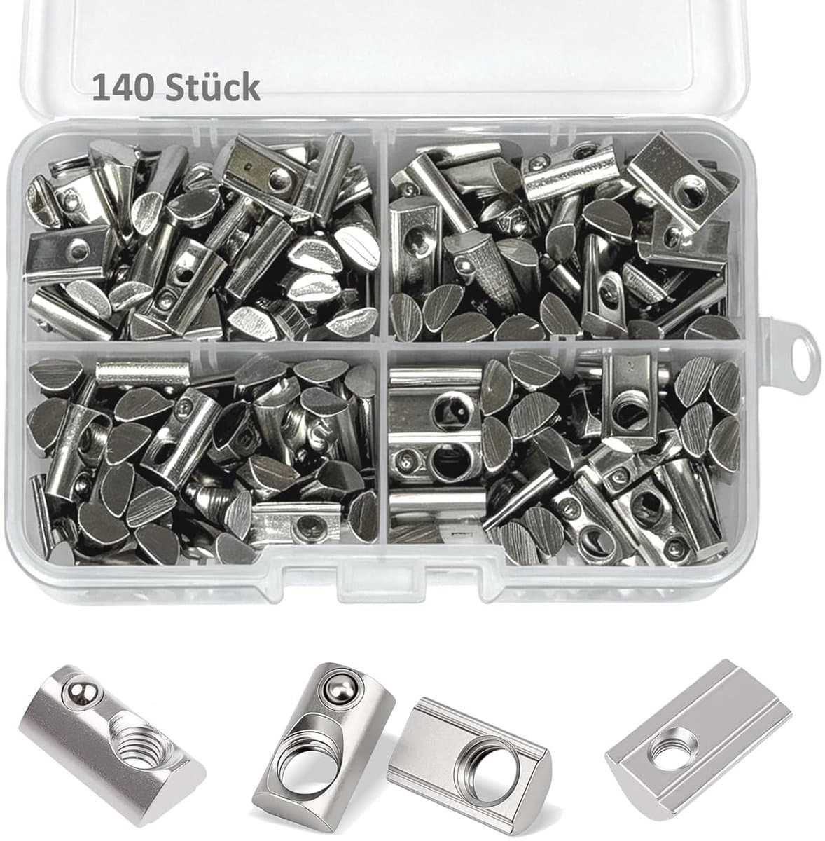 140-delige Grooving Steentjes Set voor M3 M4 M5 M6 - Carbon Staal Slide Moeren met Veerbal voor 3D Printer, CNC Frezen en DIY Projecten