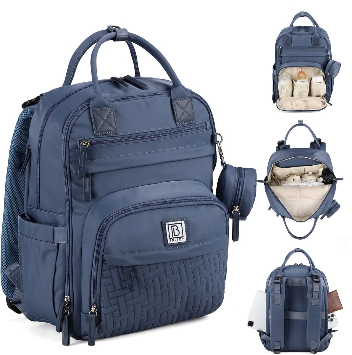 Brisby Premium Luiertas – Uitgebreide en Functionele Verzorgingstas – met buggymontage – Anti Diefstal Vakken - Reistrolley Sleeve - Inclusief verschoonmatje t.w.v.15,99 euro en speenhouder - Levenslange Garantie - Nordic Blue
