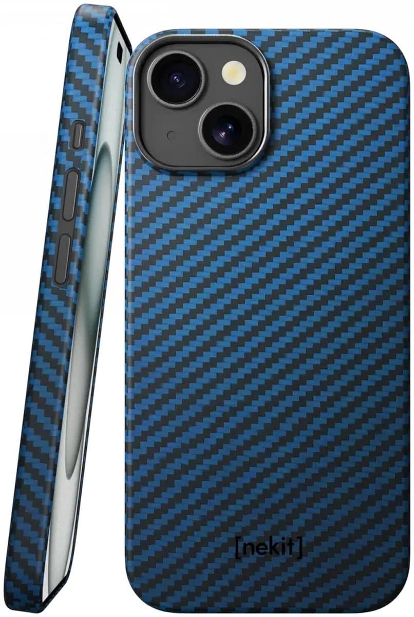 NEKIT Fiber Hoesje Geschikt voor Apple iPhone 13 - Compatibel met MagSafe - High-tech Kevlar Aramidevezels 1500D - Back Cover Ultra Dun - Blauw