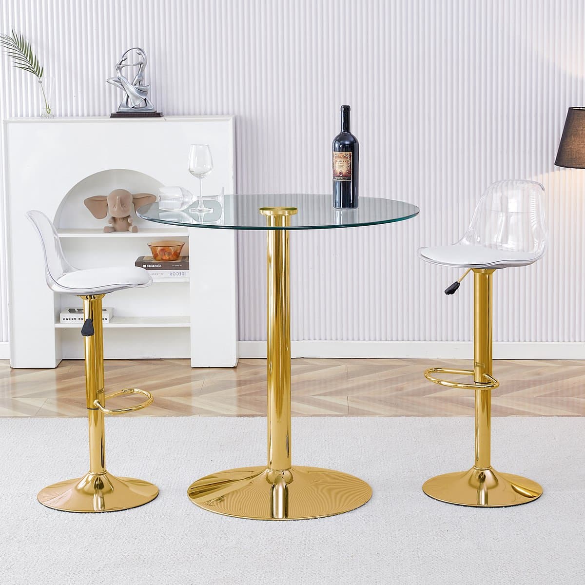 MIVRAY Bartafelset 89 cm - Ronde Glazen Tafel Met 2 Verstelbare Draaibare Barkrukken - Voor Keuken Bar En Lounge - Goud Transparant