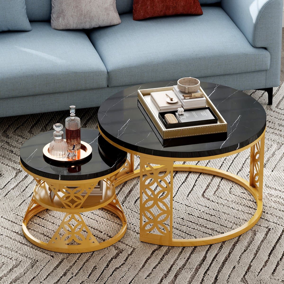 DESMIU Salontafelset 2-delig – Contrasterend Kleurontwerp – Hitte- En Krasbestendig Tafelblad – Voor Woonkamer En Kleine Ruimtes – Metaal – Zwart En Goud