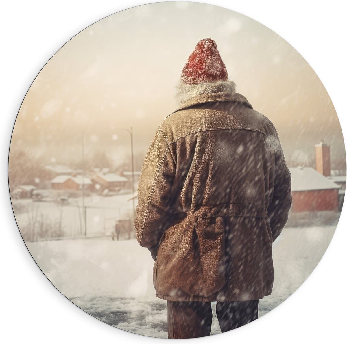 Dibond Muurcirkel - Man - Oud - Winter - Sneeuw - Koud - Jas - Muts - 90x90 cm Foto op Aluminium Muurcirkel (met ophangsysteem)