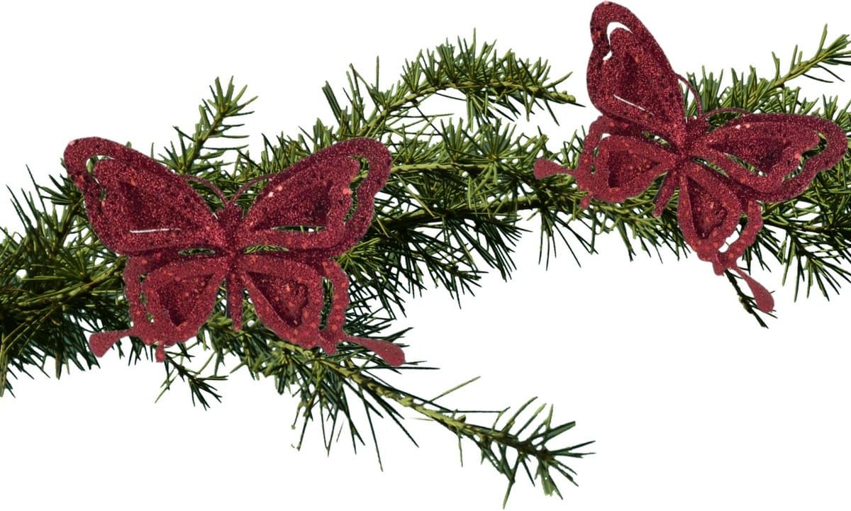 Kerstboomversiering - 2x - vlinder op clip - bordeaux rood - glitter - kunststof - 14 cm