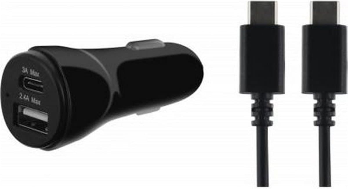 Bigben Connected, Sigarettenaanstekeroplader met USB C/USB C-kabel, Zwart