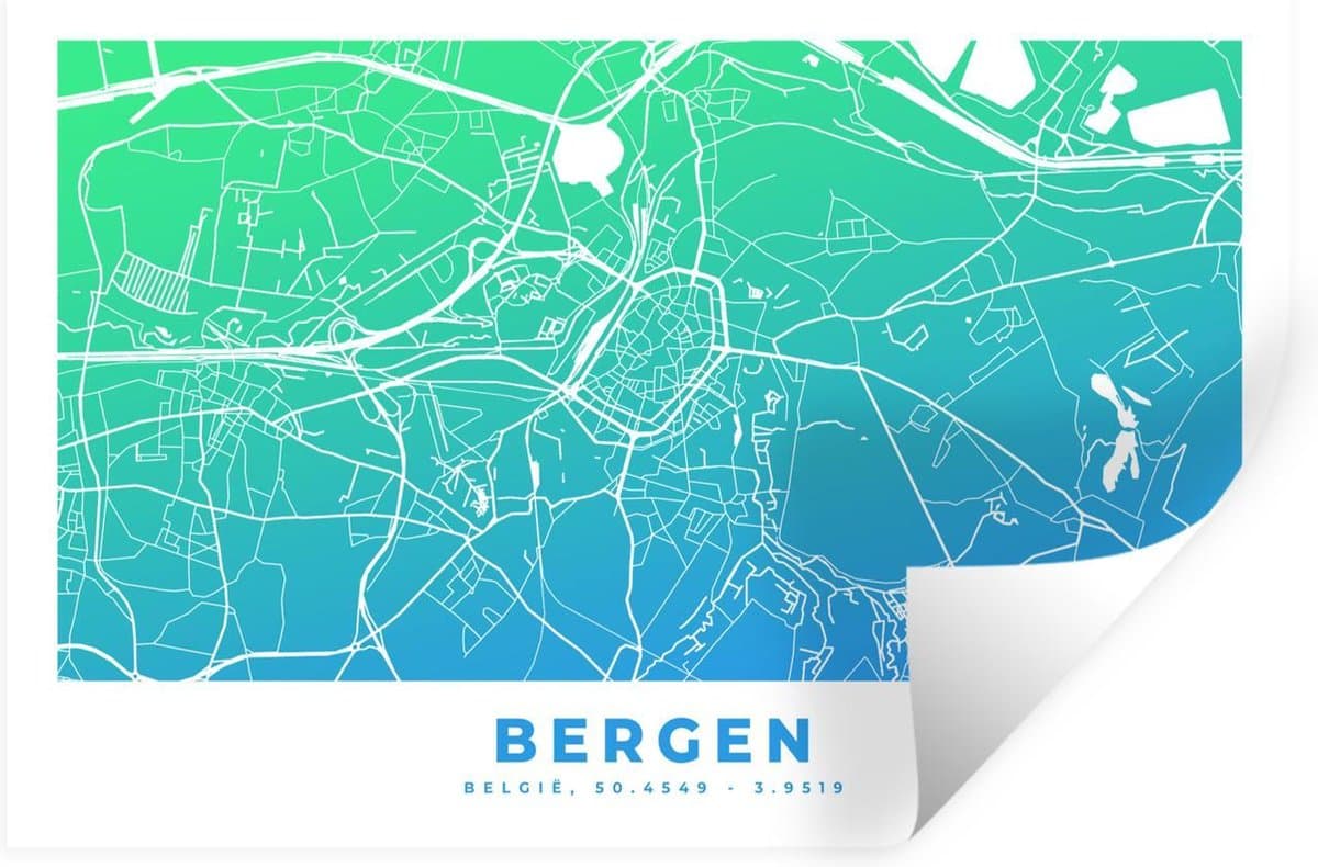Muurstickers - Sticker Folie - Stadskaart - Bergen - België - Blauw - 90x60 cm - Plakfolie - Muurstickers Kinderkamer - Zelfklevend Behang - Zelfklevend behangpapier - Stickerfolie