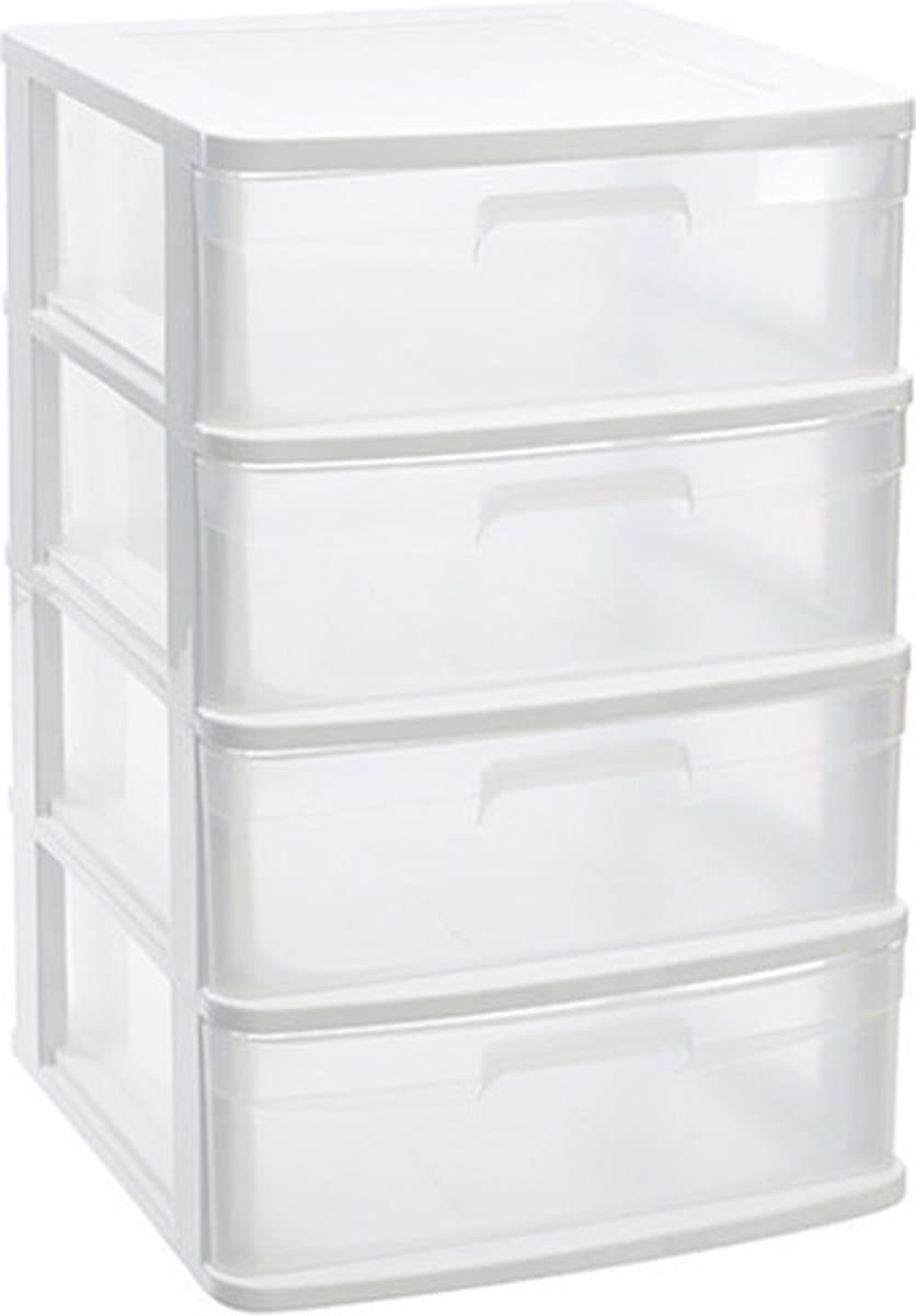Plasticforte Ladeblok organizer - met 4x lades - wit/transparant - L40 x B39 x H65 cm - Opruimen