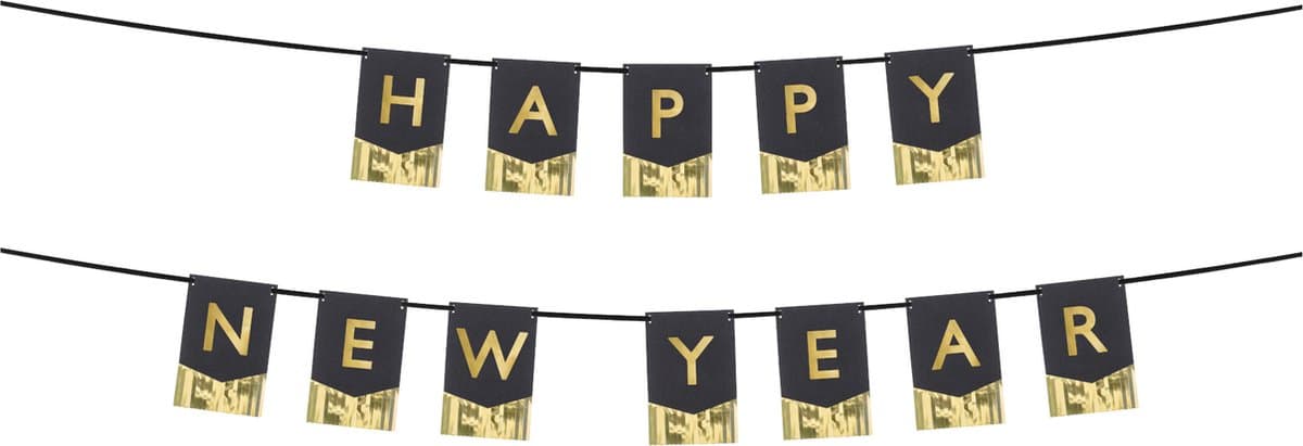 PARTYDECO - Happy New Year wimpelslinger zwart en goudkleurig 135 cm