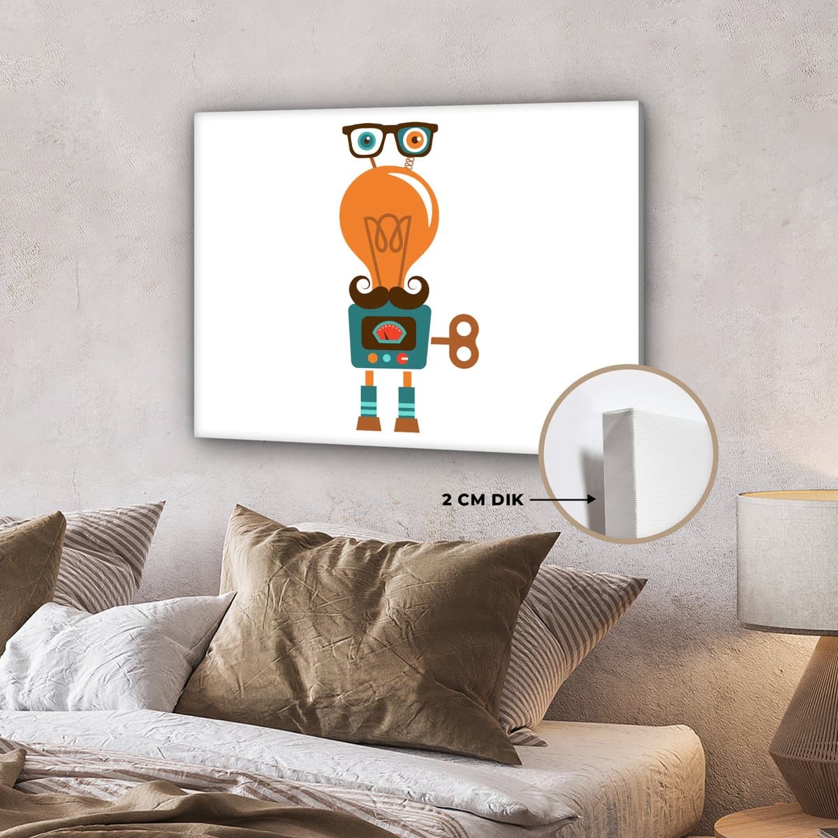 Canvas schilderij 80x60 cm - Wanddecoratie Robot - Bril - Gloeilamp - Snor - Kinderen - Jongens - Muurdecoratie woonkamer - Slaapkamer decoratie - Kamer accessoires - Schilderijen op canvas