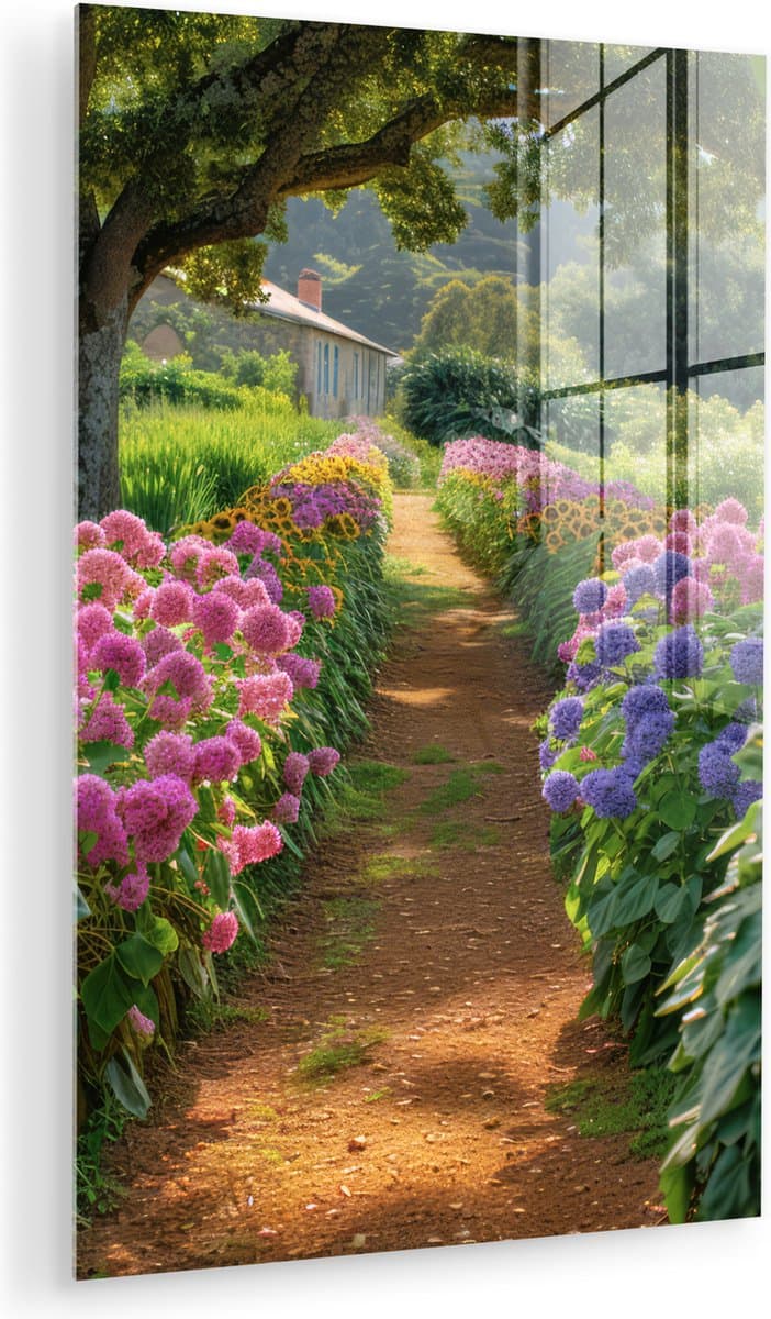 MuchoWow® Glasschilderij 60x90 cm - Schilderij acrylglas - Bloemen - Pad - Zonnebloemen - Tuin - Hortensia - Foto op glas - Muurdecoratie woonkamer - Wanddecoratie slaapkamer - Schilderijen