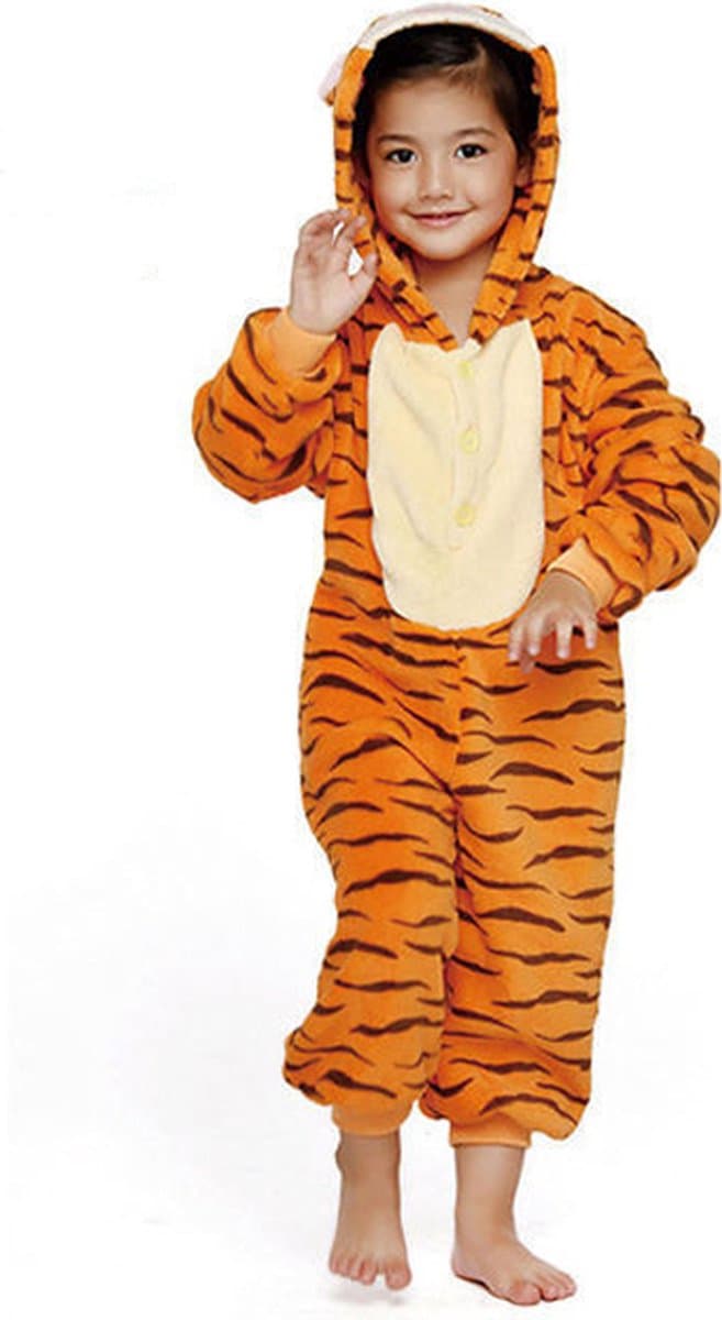 KIMU® Onesie Tijgertje Pak Kostuum Oranje - Maat 98-104 - Tijger Tijgerpakje Pyjama Jumpsuit Peuter Pakje - Panter Luipaard Boxpakje Fleece Festival