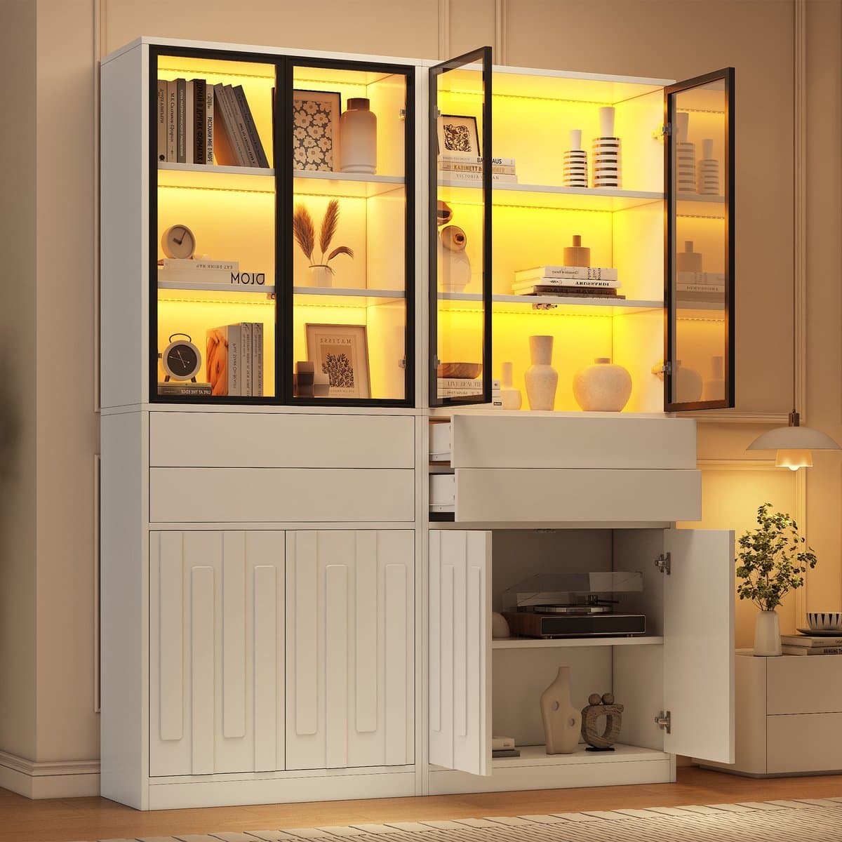 COVREO 2-delige vitrinekast met LED en glasdeuren – Displaykast met lades – Opbergmeubel voor woonkamer – 140x34x180 cm – Wit