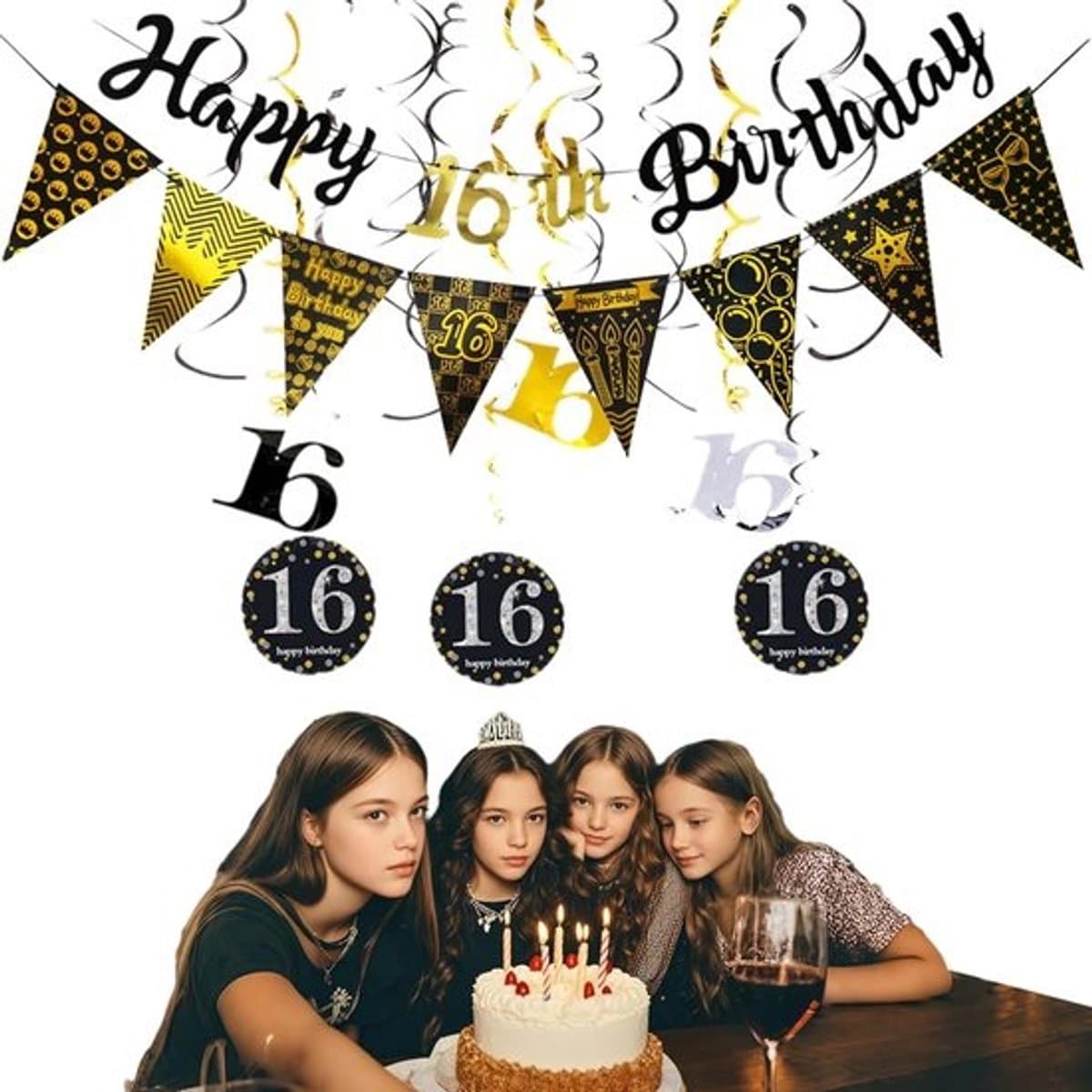 Verjaardagsversiering - Feestdecoratieset - 16 jaar - Inclusief slingers en spiralen - Zwart en goud