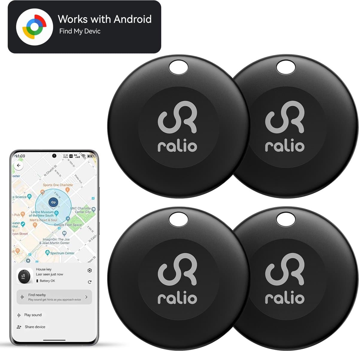 Ralio Bluetooth Tracker–Android / Google Find My Device - Android Airtag - 4 Pack–Met geluid–Sleutels, Fiets, Auto–Key Finder- Zwar