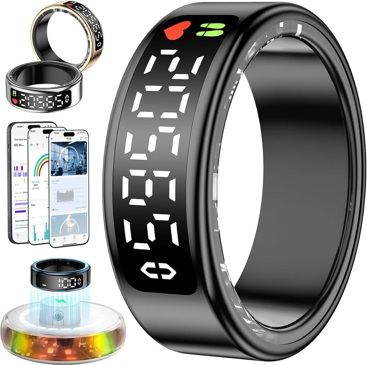 2026 Slimme Ring voor Mannen Vrouwen, Fitness Tracker Ring IP68 Waterdicht, Gezondheid Slaap Tracker Ringen met LED Scherm Compatibel iOS/Android/Activiteit/Hartslag/SpO2/Slaap/Stress