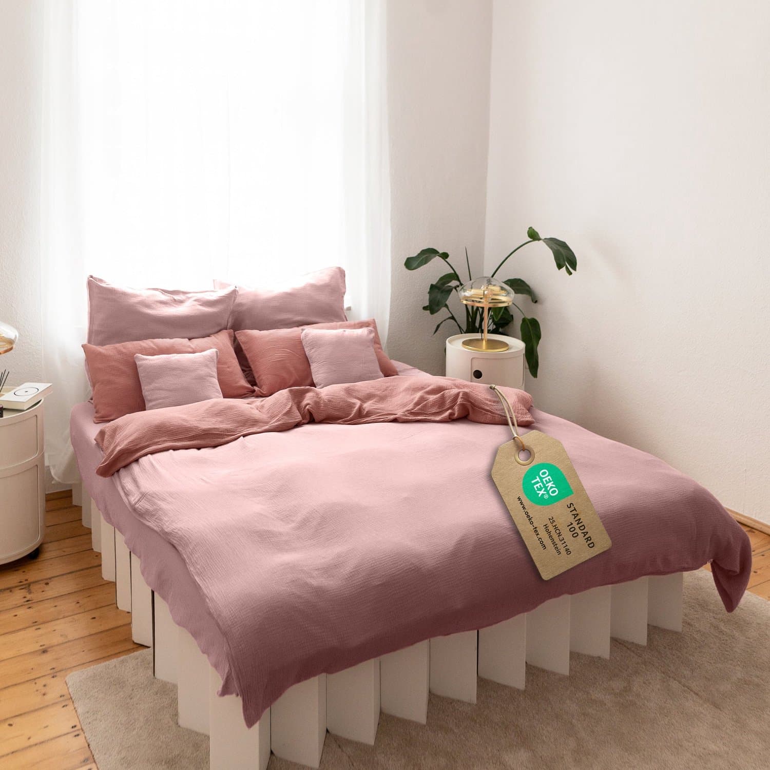 LILIMAUS Dekbedovertrek 220 x 240 cm (Duitse maat) met 2 kussenslopen 80 x 80 cm - mousseline katoen - roze en poederroze