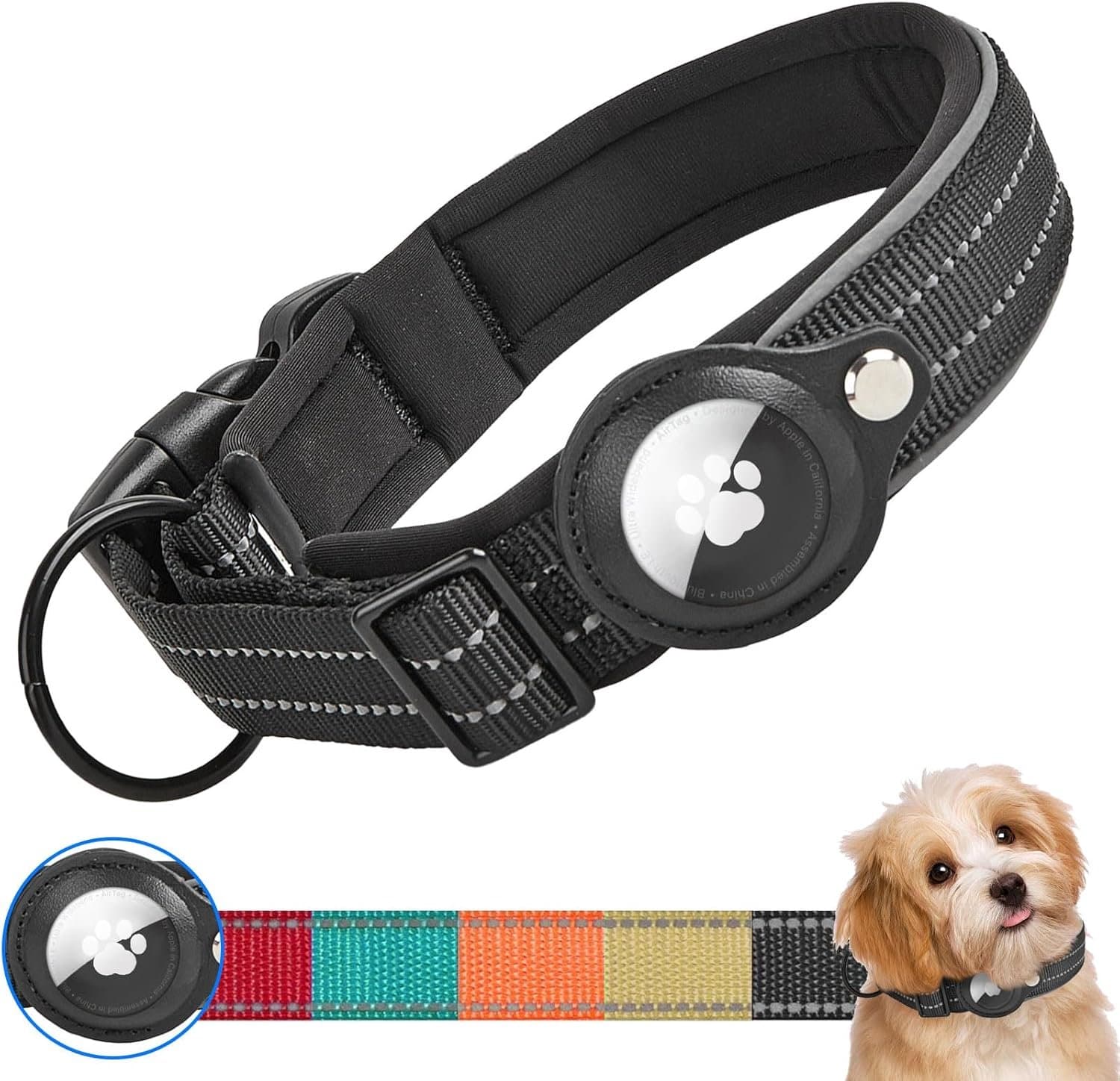 SnelShoppen - Tactisch AirTag Hondenhalsband M - Waterdichte Reflecterende Gevoerde Hondenhalsband voor Kleine, Middelgrote en Grote Honden - Zwart