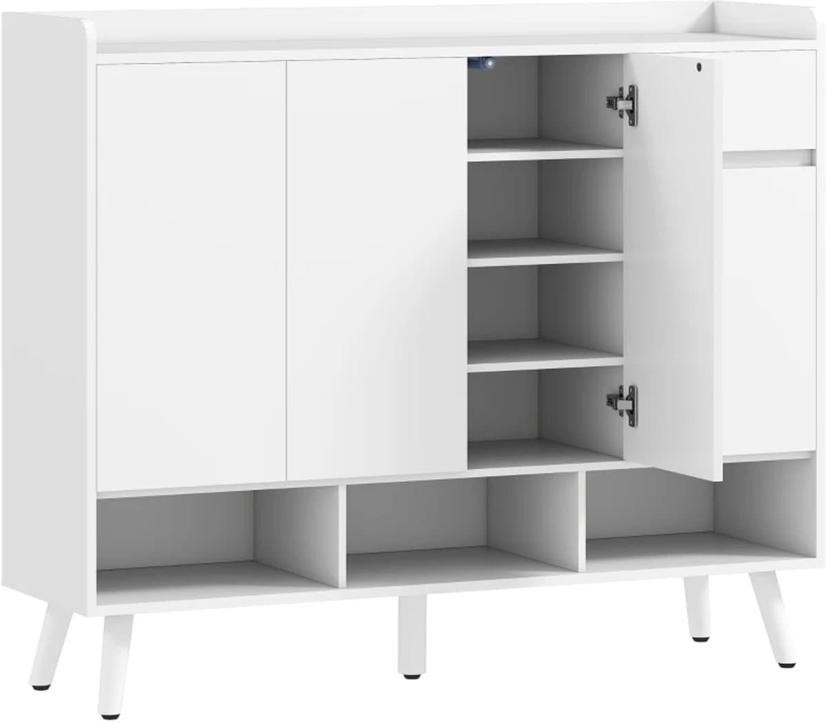 Schoenenkast - Greeploos Ontwerp - 4 Deuren - 4 Verstelbare Planken - Vrijstaand Schoenenrek - 5 Houten Poten - Hout - Wit