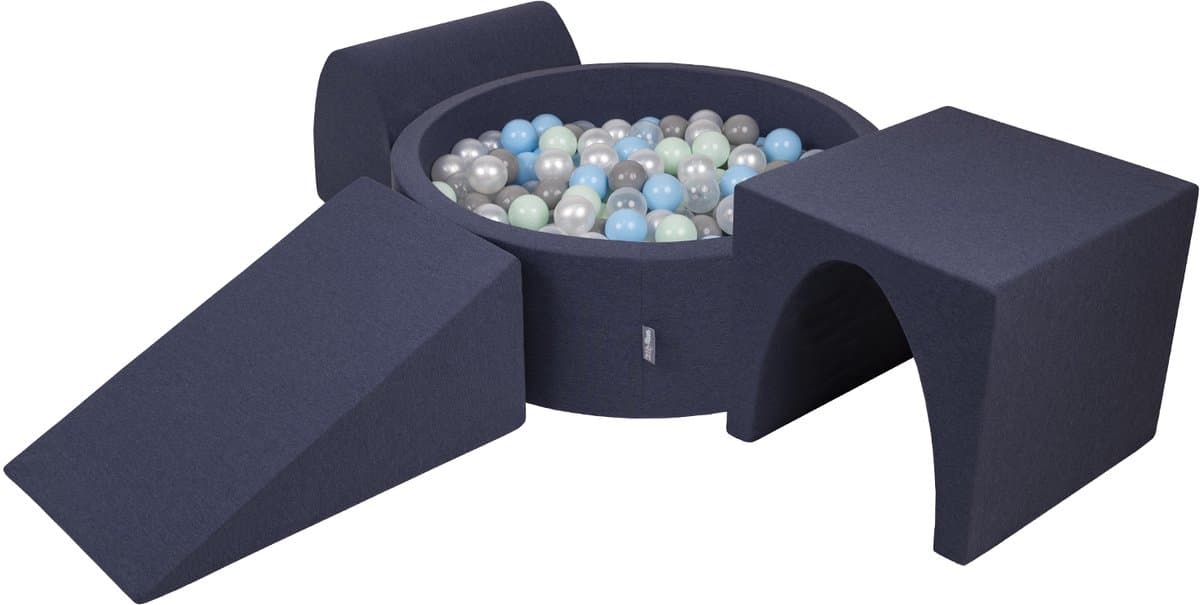 KiddyMoon schuimspeelplaats met rond ballenbad (300 ballen) ballenbakken voor baby's speelbad hindernisbanen, made in the eu, donkerblauw:pearl/grijs/transparant/babyblauw/minze