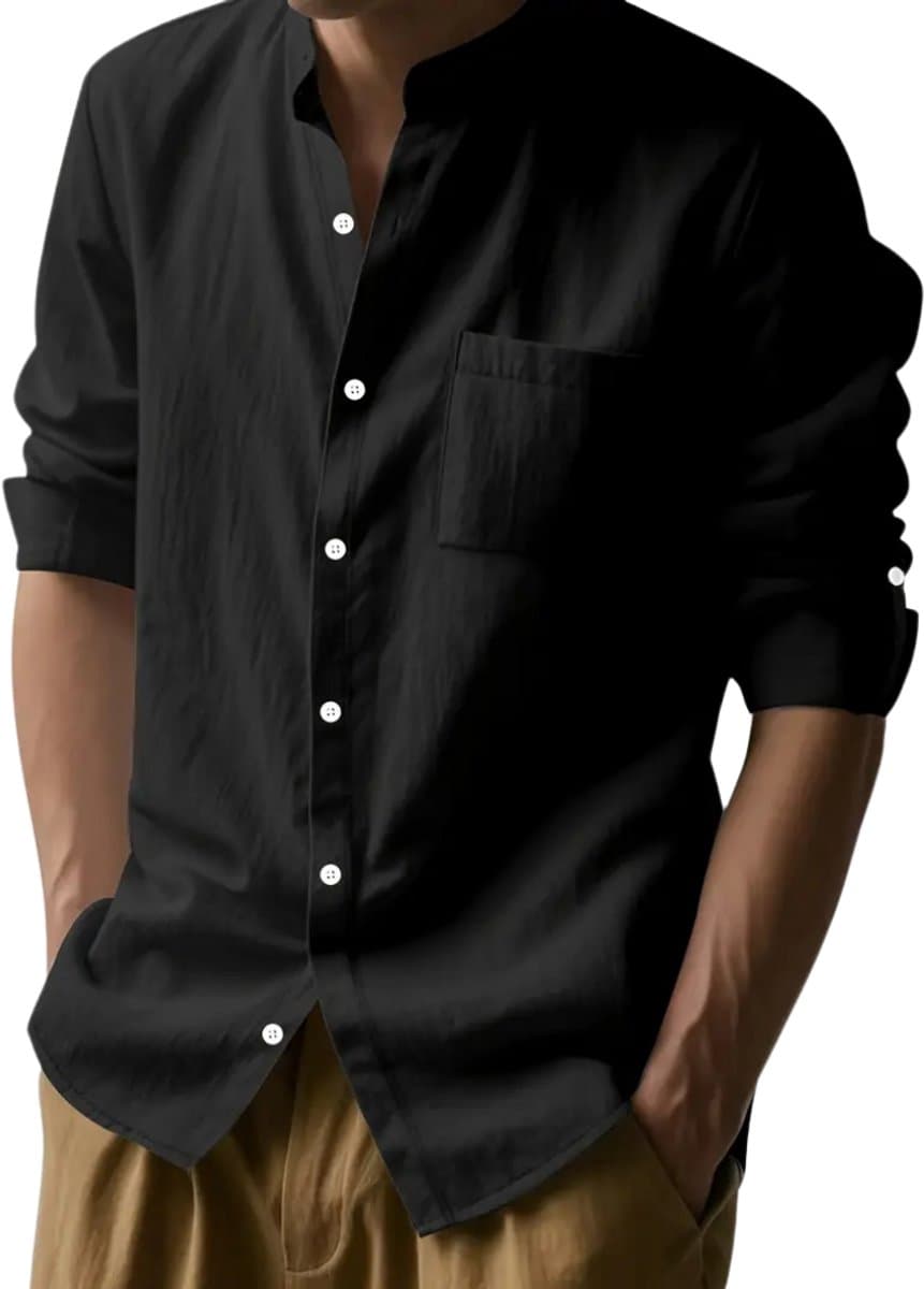 Livano Linnen Blouse Heren - t shirt - Polo - Overhemd - Shirt - Zomer - Ibiza Stijl - Zwart - Maat XXL