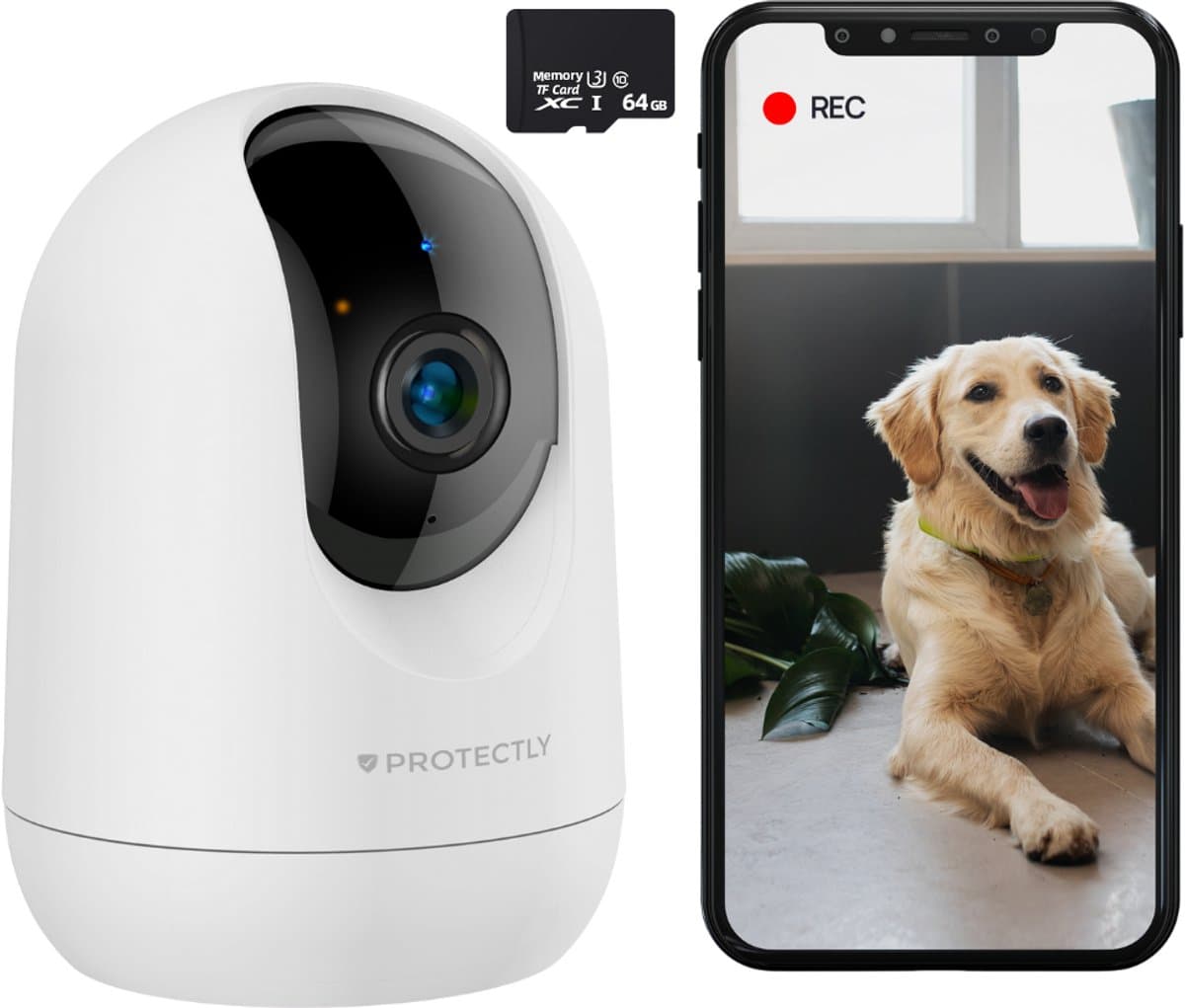 Protectly® Beveiligingscamera binnen - 2K Ultra HD - 64GB SD - Huisdiercamera met app - Beveiligingscamera's - Wifi Camera APP - Volgt beweging en geluidsdetectie - Bewakingscamera - - 2.4/5 GHz - Wit