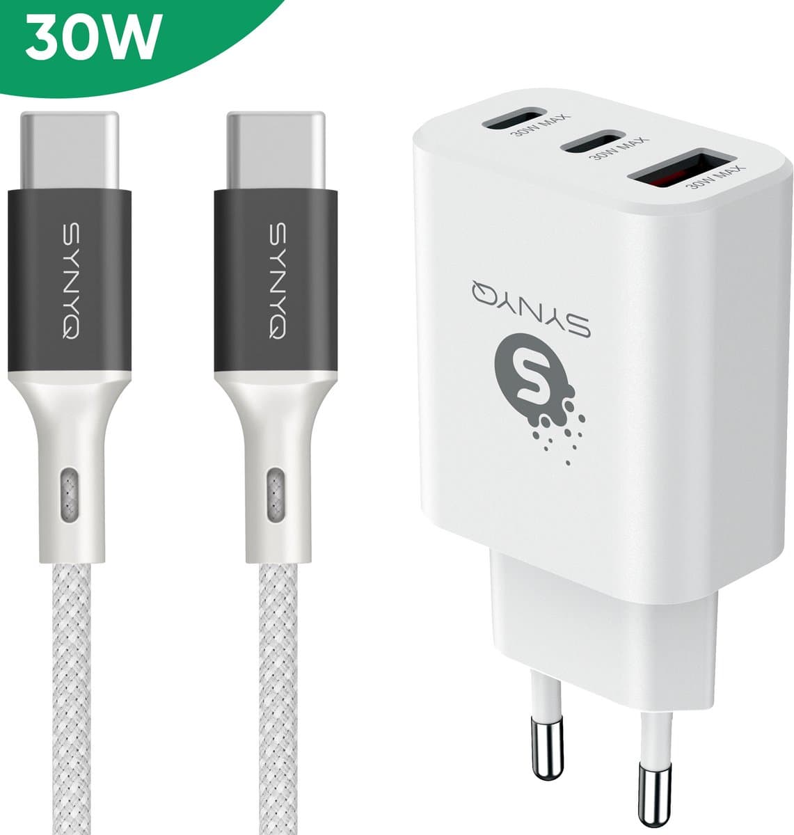 Synyq 30W GaN2 Snellader - 3 Poorten - 2m USB C oplaadkabel - Gecertificeerd - Snellader usb c - Usb c oplader - Usb c adapter - Usb c lader - Wit